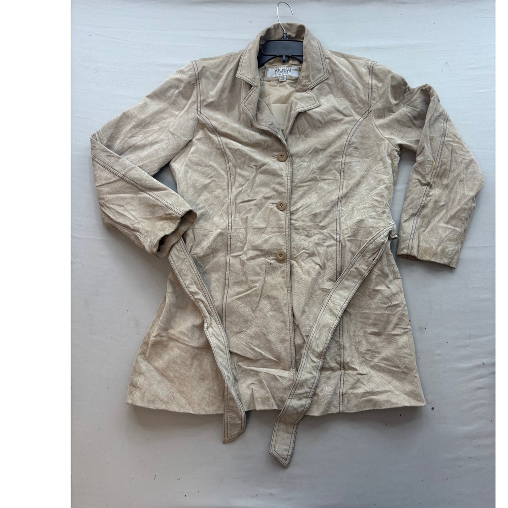 Wilsons Leather Maxima Beige Suede Trench Coat Belted Jacket Womens XL